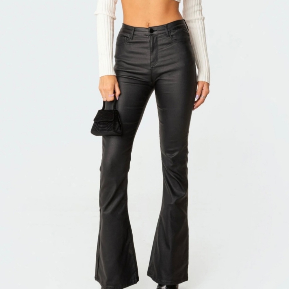 Edikted Black Luna Faux Leather Flare Jeans